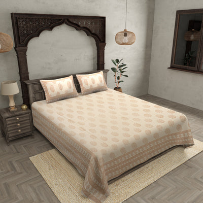 Double Bedsheet Elegant Brown Golden Flowery Print