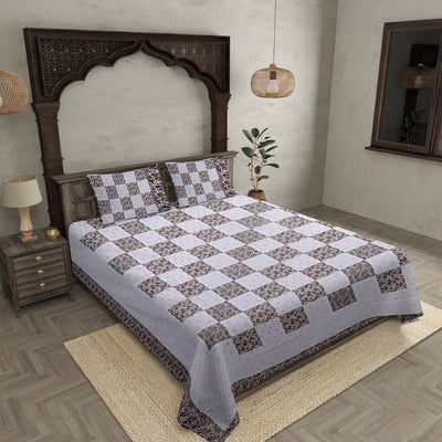 Double Bedsheet Checkered Chocolate Golden Print