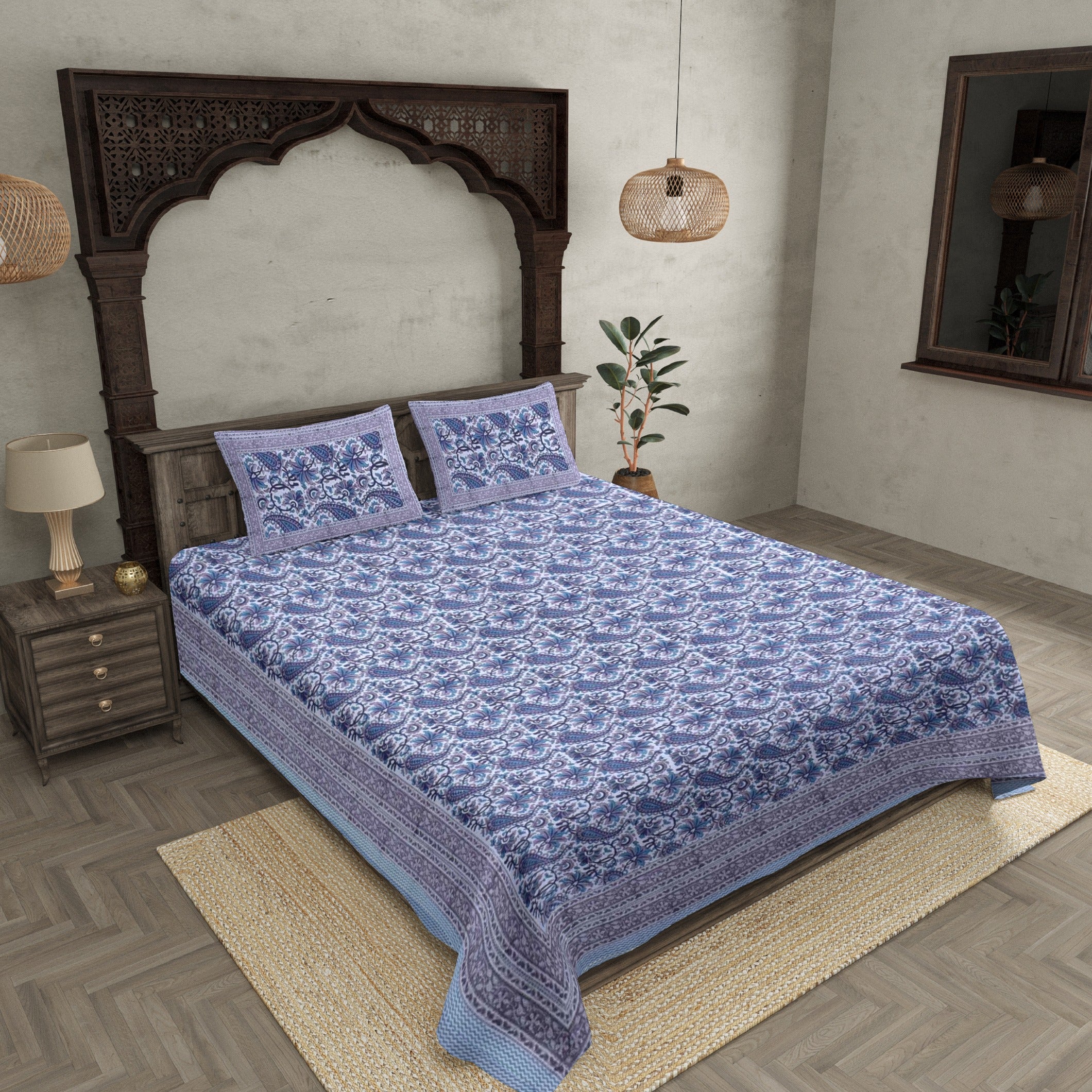 Playful Paisley Blue Hand Block Print Double Bedsheet