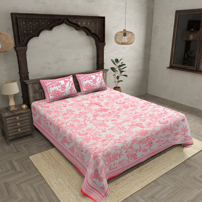 Red Border Cream Base Leaf And Floral Cotton Satin Hand Block Double Bedsheet