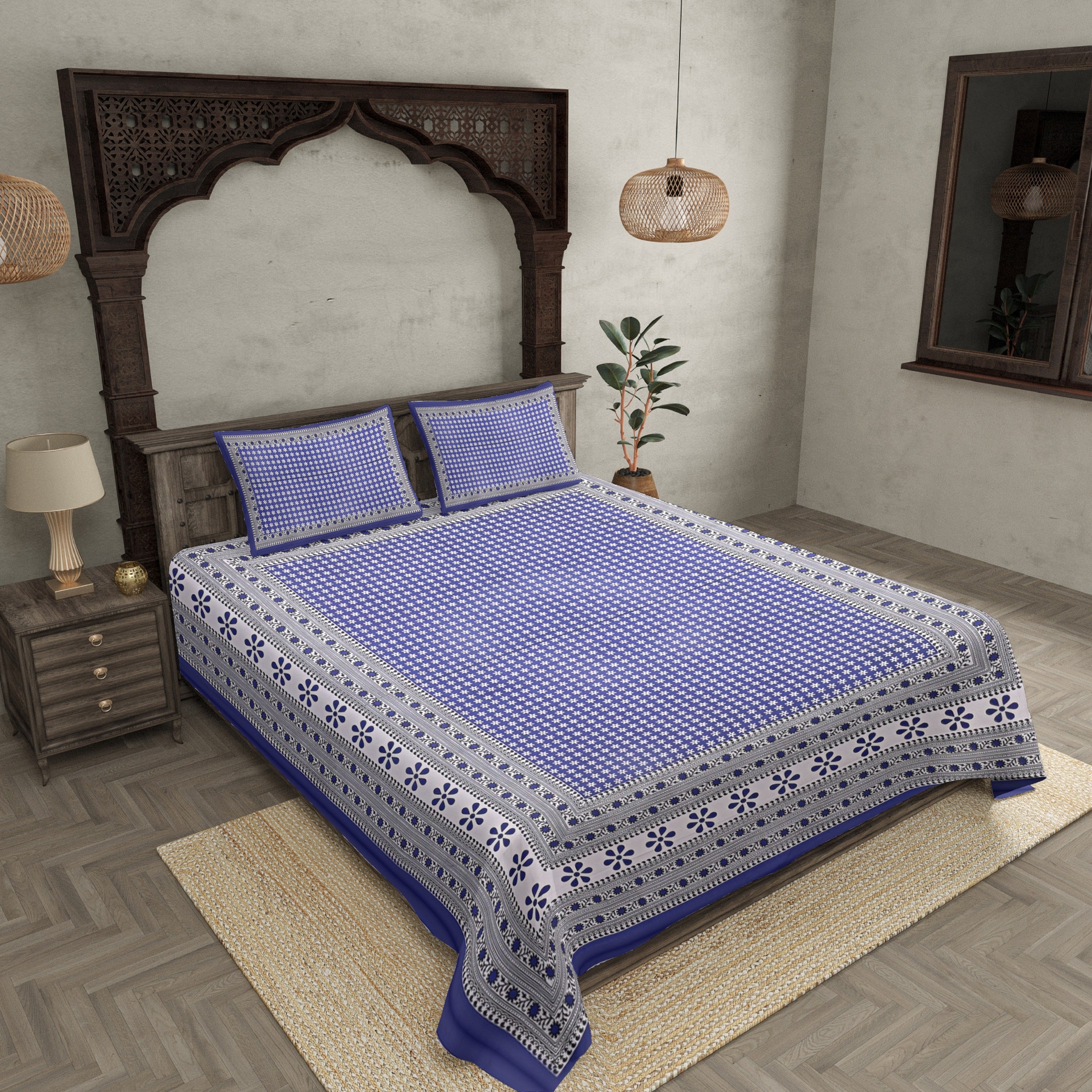 Double Bedsheet Blue Color Rangoli Print