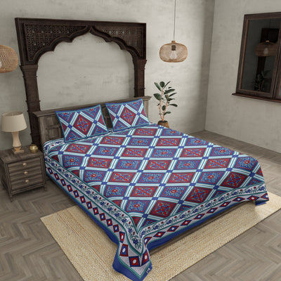 Floral diamonds blue red Double Bedsheet