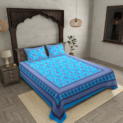 Vibrant Blue Floral Double Bedsheet