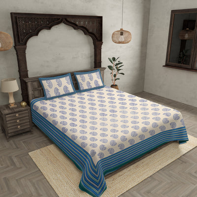 Double Bedsheet Big Boota  Print Sea Green Border Fine Cotton
