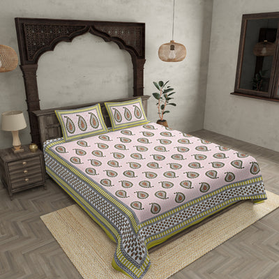 Double bedsheet Yellow Border With Paisley Print Fine Cotton With Two Pillow Cover