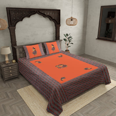 Applique Orange Rajasthani Dance Jaipuri  Hand Made Embroidery Patch Work Double Bedsheet