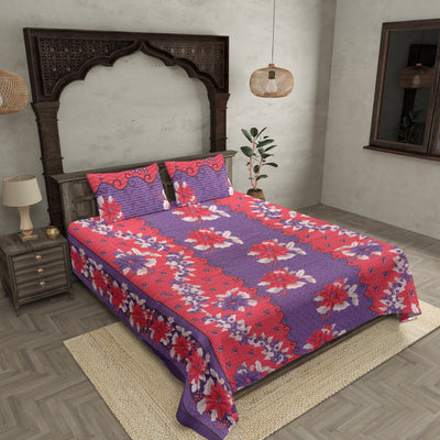 Pure Cotton Red and Purple Floral Jaipuri Procian Bedsheet
