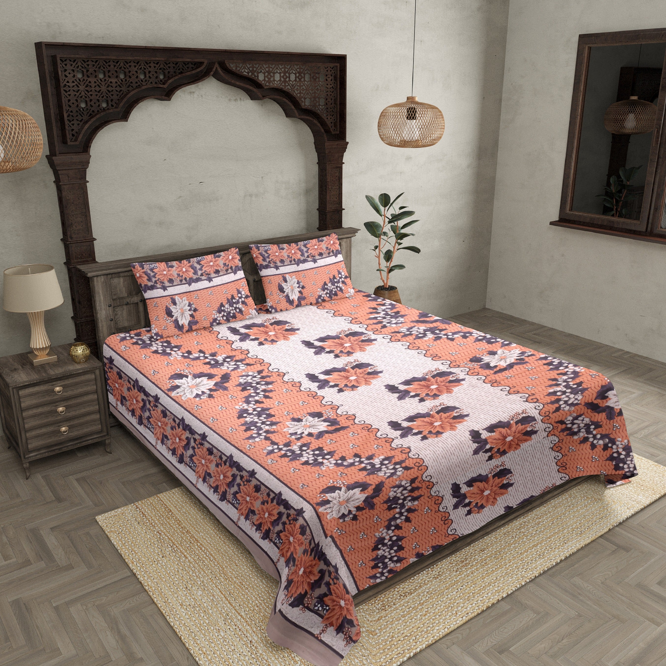 Pure Cotton Mistyrose and Brown Color Floral Jaipuri Procian Bedsheet