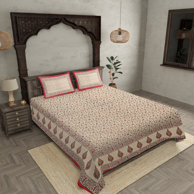 Ethnic Gold Red Floral Double Bedsheet