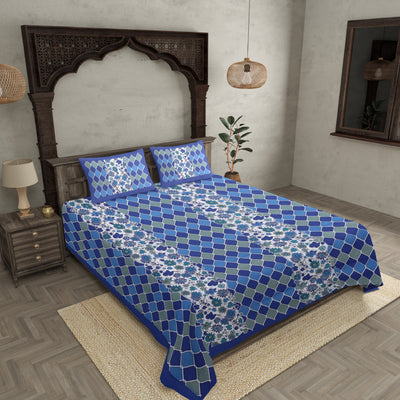 Floral Double Bedsheet Blue border with 2 Pillow Covers