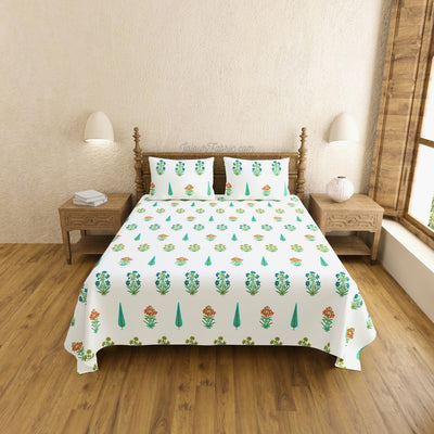 Jaipur Mela Hand Block Printed Sea Green Trees and Flowers King Size Bedsheet