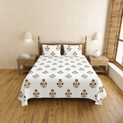 Classic Floral Boota Hand Block Printed Bedsheet with Marigold Flower and Grey Leaves