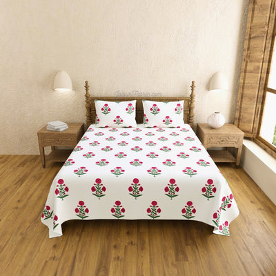 Ocean Enclave Handblock Red Flowers and Green Leaves King Size Bedsheet