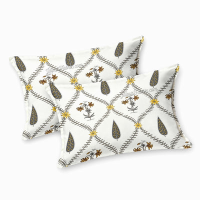 Beautiful Yellow & Grey Pookalam Floral Symphony Rihaa Handblock Printed King Size Bedsheet