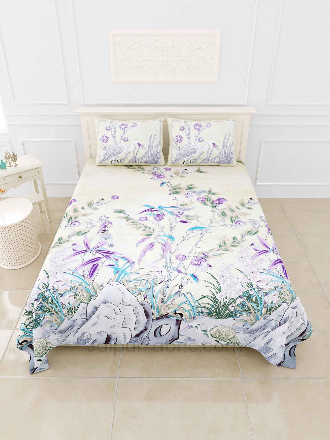 deep sea cream purple digital print luxury cotton king size bedsheet