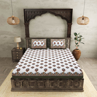 JaipurFabric® booti block print greenish king size  premium cotton bed sheet