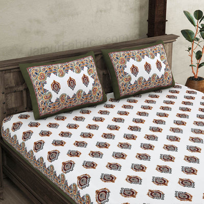 JaipurFabric® booti block print greenish king size  premium cotton bed sheet