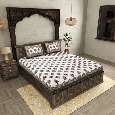JaipurFabric® booti block print greenish king size  premium cotton bed sheet