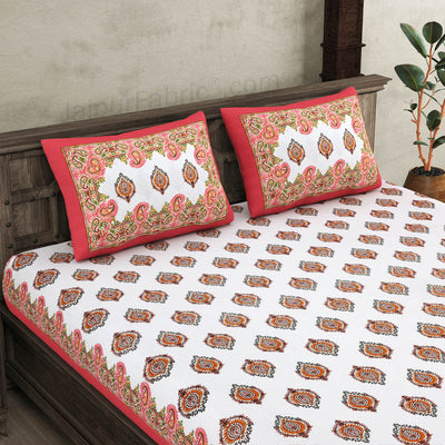 JaipurFabric® booti block print peachy king size premium cotton bed sheet