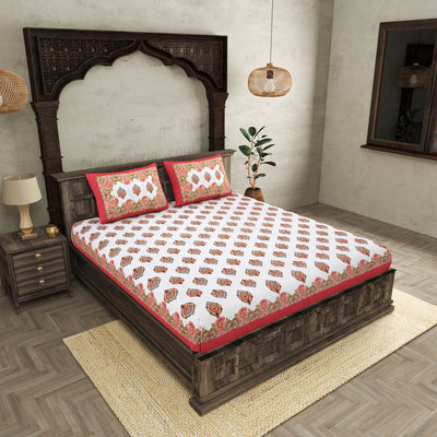 JaipurFabric® booti block print peachy king size premium cotton bed sheet
