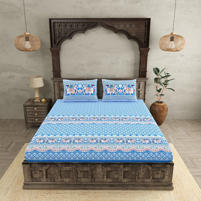 Jaipuri Elephant Parade Design Super King Size Blue  Bedsheet with Elegant Prints