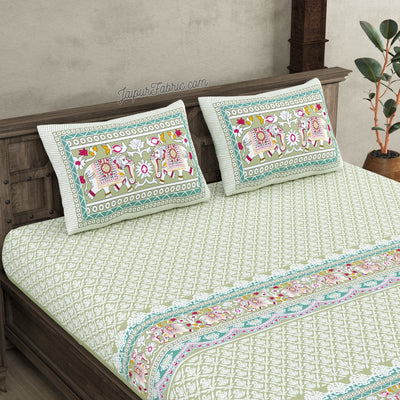 Mint Green Adorable Elephant Print Design Super King Size Bedsheet