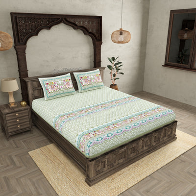Mint Green Adorable Elephant Print Design Super King Size Bedsheet
