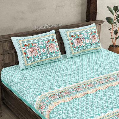 Serene Teal Elegant Elephant Print Design  Super King Size Bedsheet