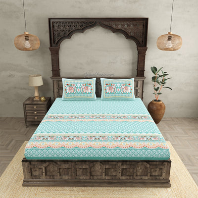 Serene Teal Elegant Elephant Print Design  Super King Size Bedsheet