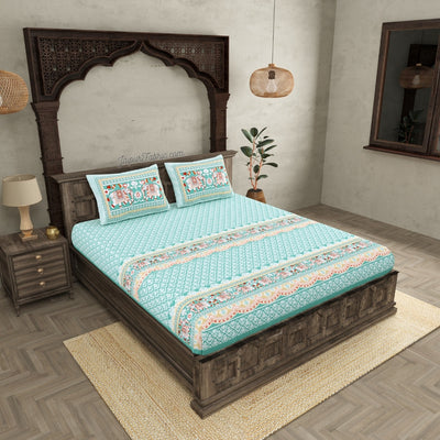 Serene Teal Elegant Elephant Print Design  Super King Size Bedsheet