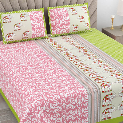 Pinkish Green Traditional Floral Pure Cotton King Size Double BedSheet