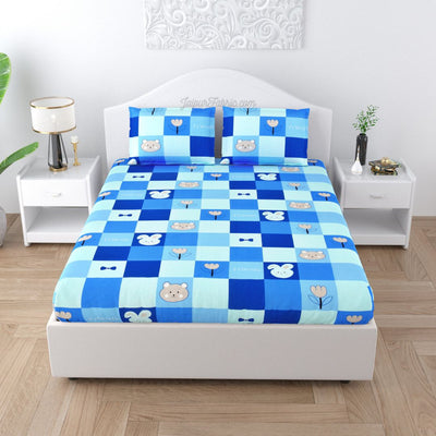 Dreamland Adventure Pure Cotton Teddy Bear and Rabbit Checks Pattern Bedsheet for Kids