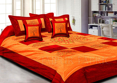 Orange Base Machine Embroidery Maroon Patch Work Silk Double Bed Sheet
