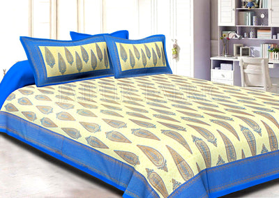 Blue Border Cream Base Long Leaf Pattern With Golden Print Super Fine Cotton Double Bedsheet