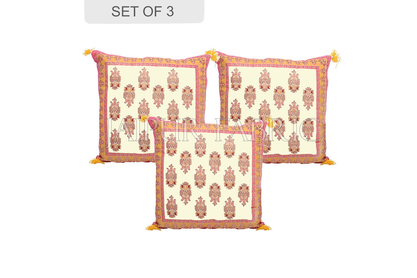 Cream Base with Orange Border Rajasthani Kalash Design Cotton Cushion Cover