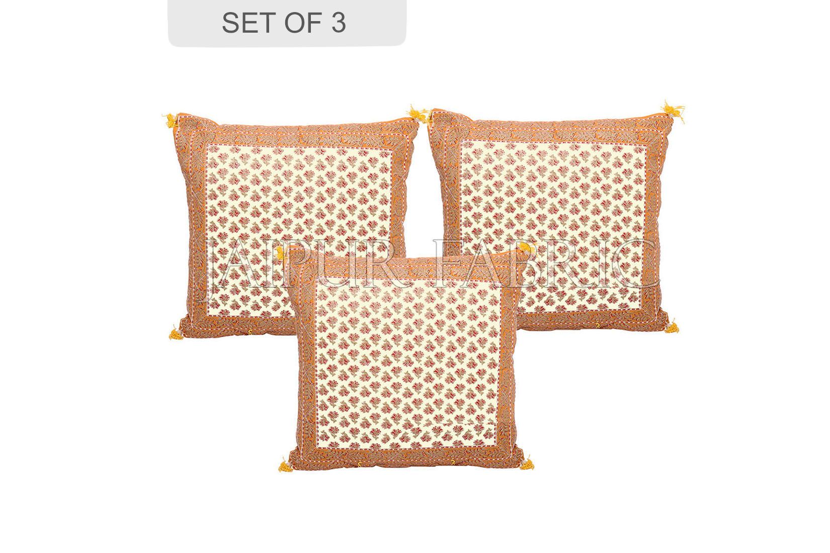 Orange Flower Print with Tropical Border Cotton Cushion Cover