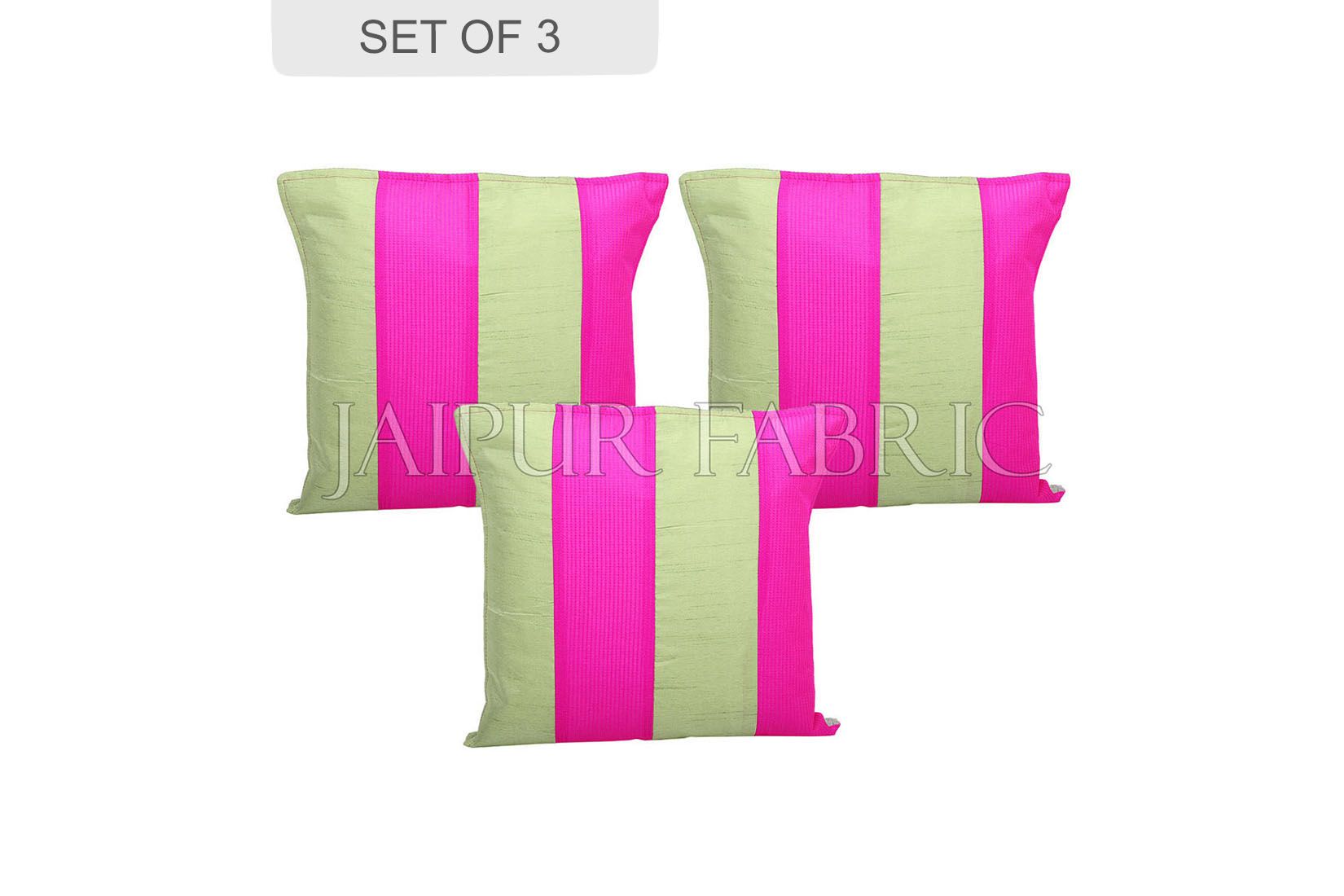 Green and Pink Thread Work Cotton Satin Silk Cushion Cover