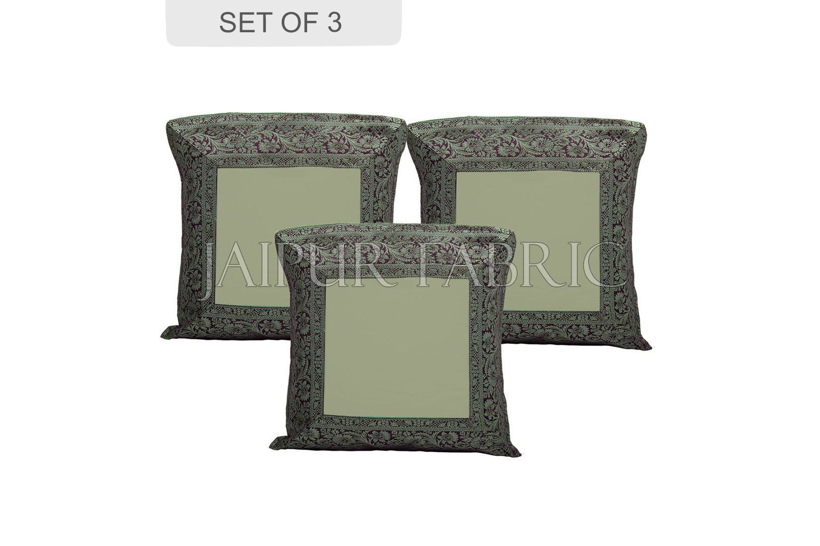 Green Base with Black Gota Work Border Cotton Satin Silk Cushion Cover