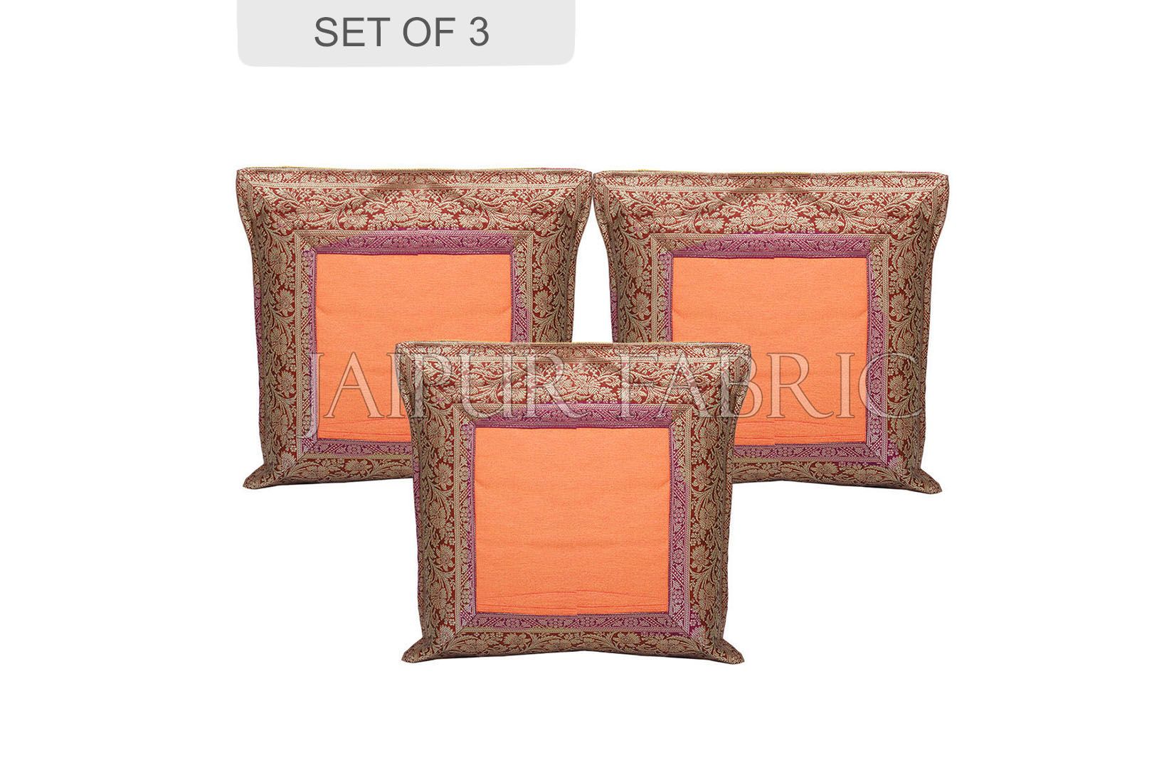 Orange Base with Maroon Gota Work Border Cotton Satin Silk Cushion Cover