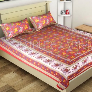 Red Elephant and Tropical Printed Rajasthani Cotton Single Bed Sheet