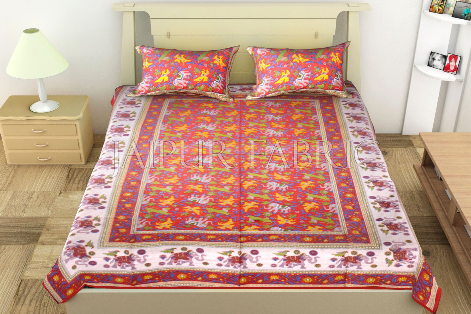 Red Elephant and Tropical Printed Rajasthani Cotton Single Bed Sheet