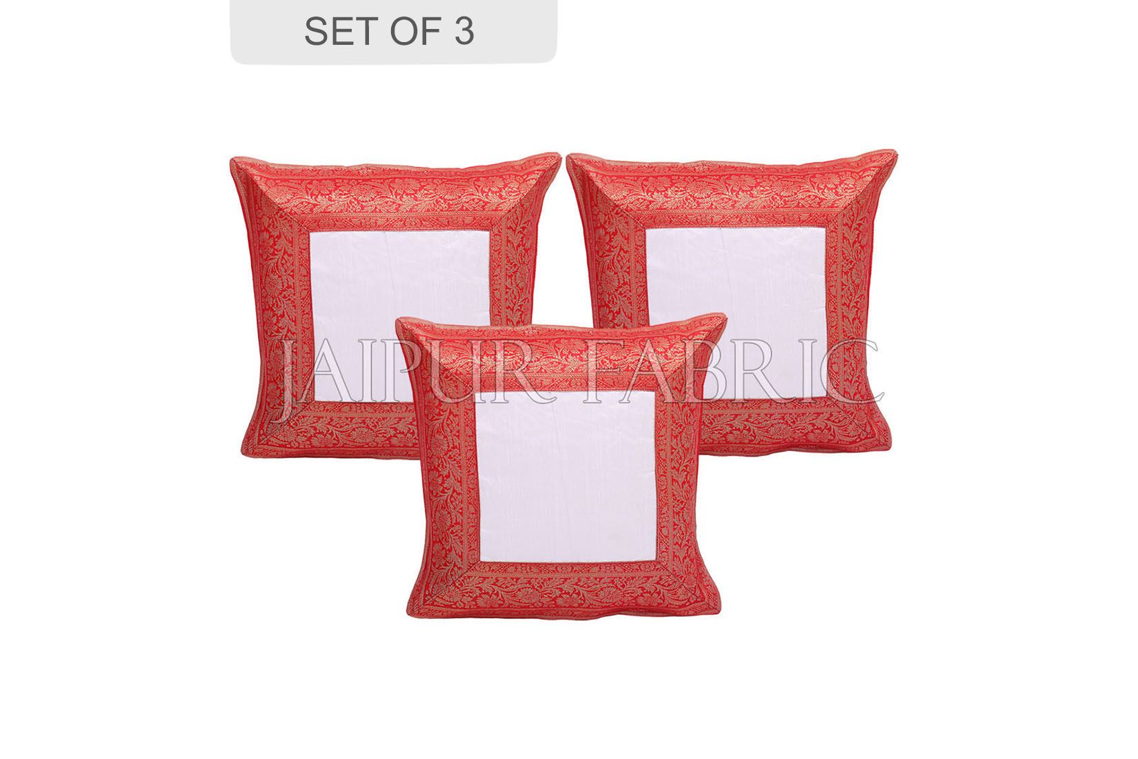 White Base with Red Gota Work Border Cotton Satin Silk Cushion Cover