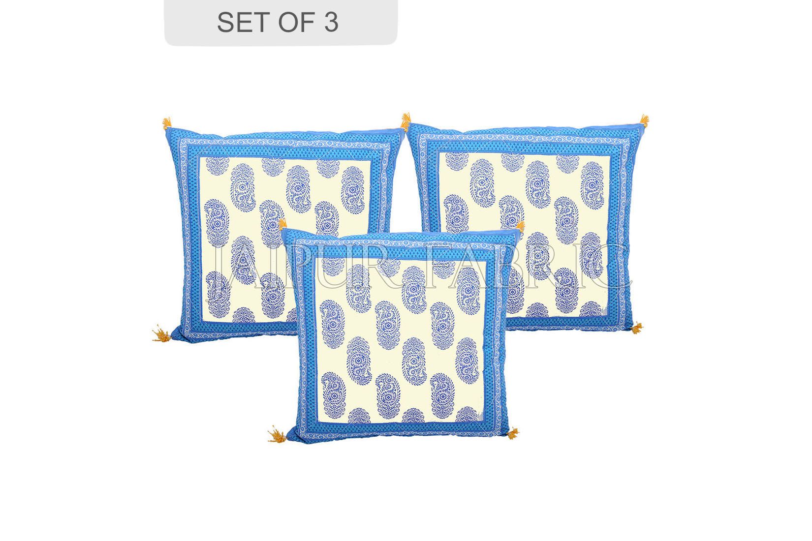 Blue Border Keri Block Print Cotton Cushion Cover