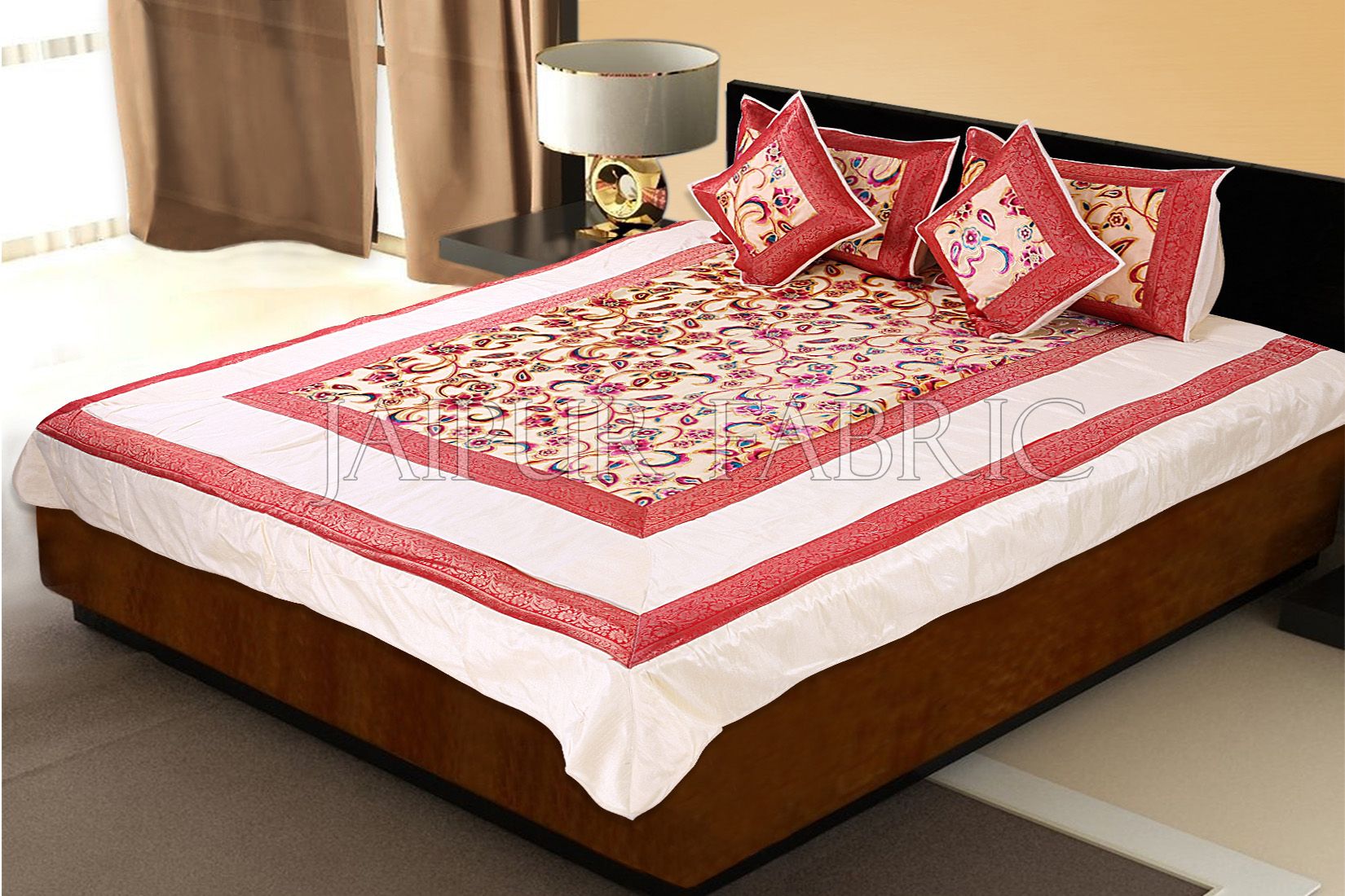 Cream Base With Red Golden Patchwork Cotton Satin Double Bed Sheet