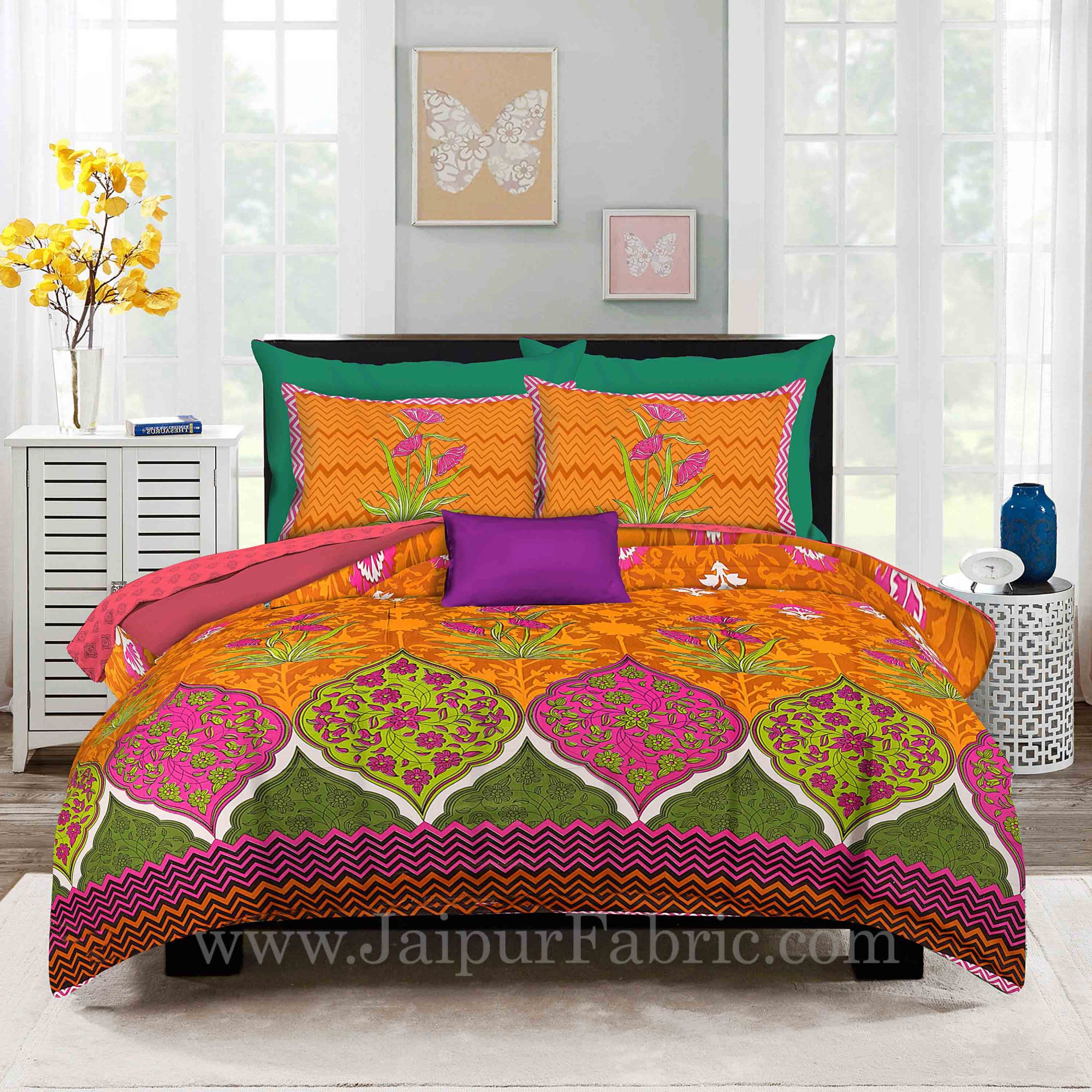 Zig-Zag Multi Color Brown Base  Floral Screen Print King Size Double Bedsheet With 2 Pillow
