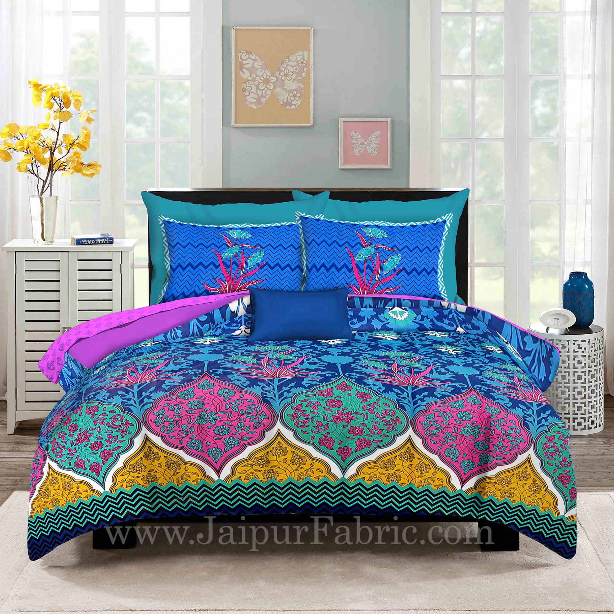 Zig-Zag Multi Color Blue Base  Floral Screen Print King Size Double Bedsheet With 2 Pillow Cover