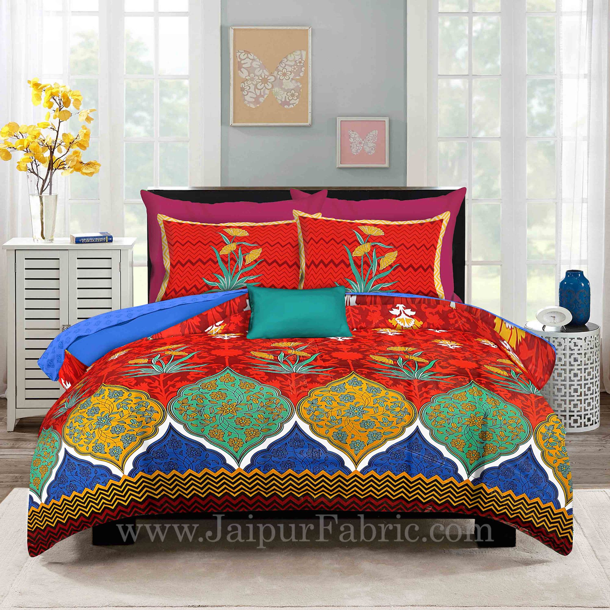 Zig-Zag Multi Color Red Base  Floral Screen Print King Size Double Bedsheet With 2 Pillow