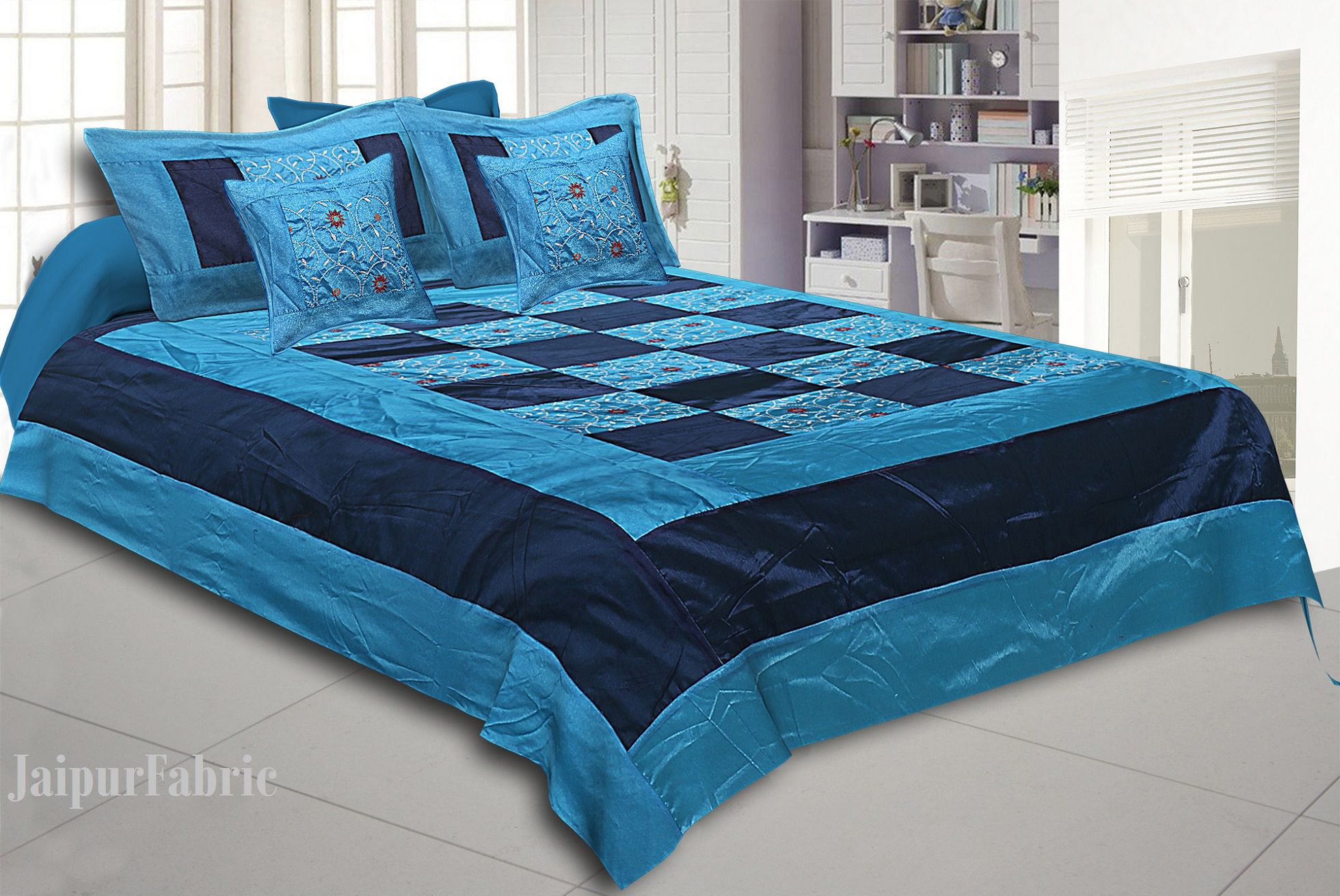 Blue And Firozi Color Check With Embroidery Silk festive Double Bed sheet