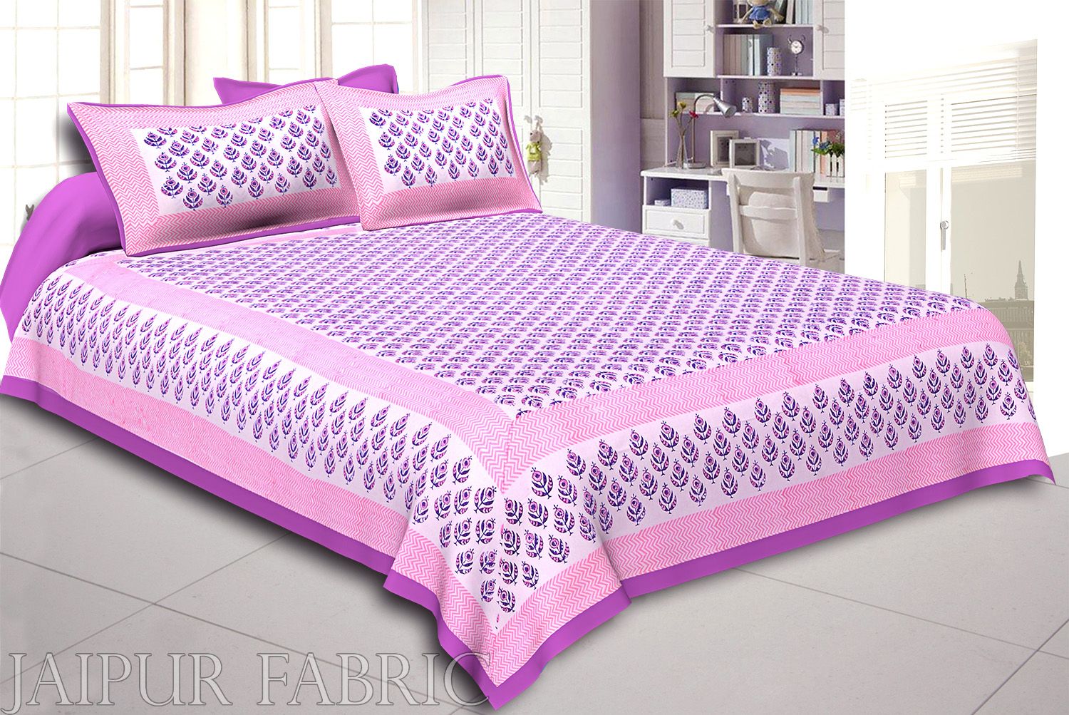 Purple Color Handmade Block Print on white base Double Bed Sheet with Two Pillow Covers