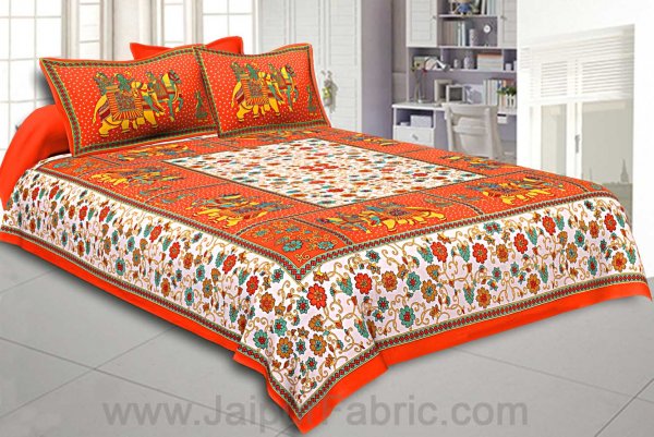 Orange Big Elephant Printed Cotton Double Bed Sheet